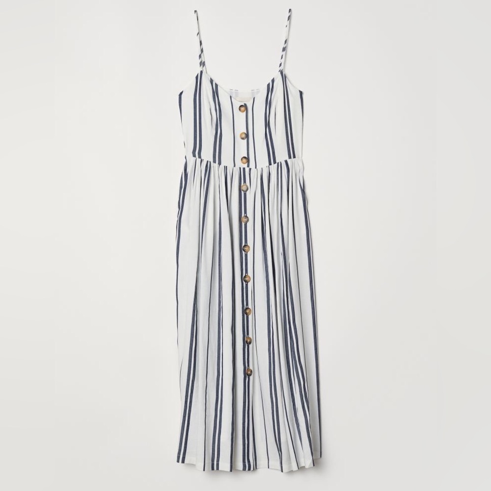 New! Classic Button-Up Linen Sundress in Navy Stripe